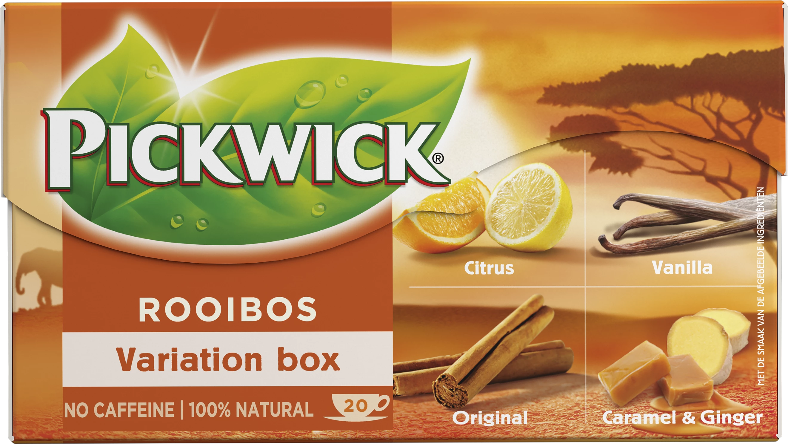 De pIckwick Rooibos variation box met verschillende soorten rooibos, zoals original, citrus, vanilla en caramel en ginger.